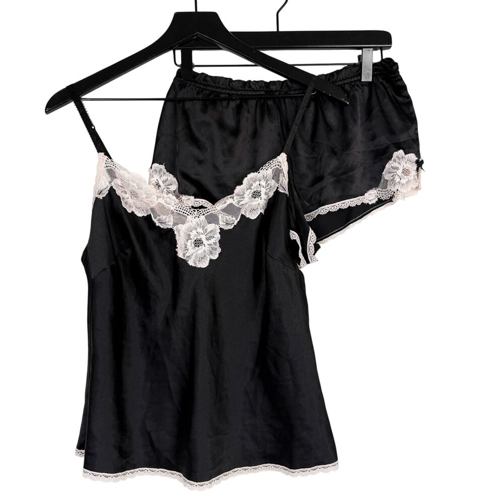 New Victoria's Secret Black Lace Trim Cami Tank Shorts Satin Pajama Set - M